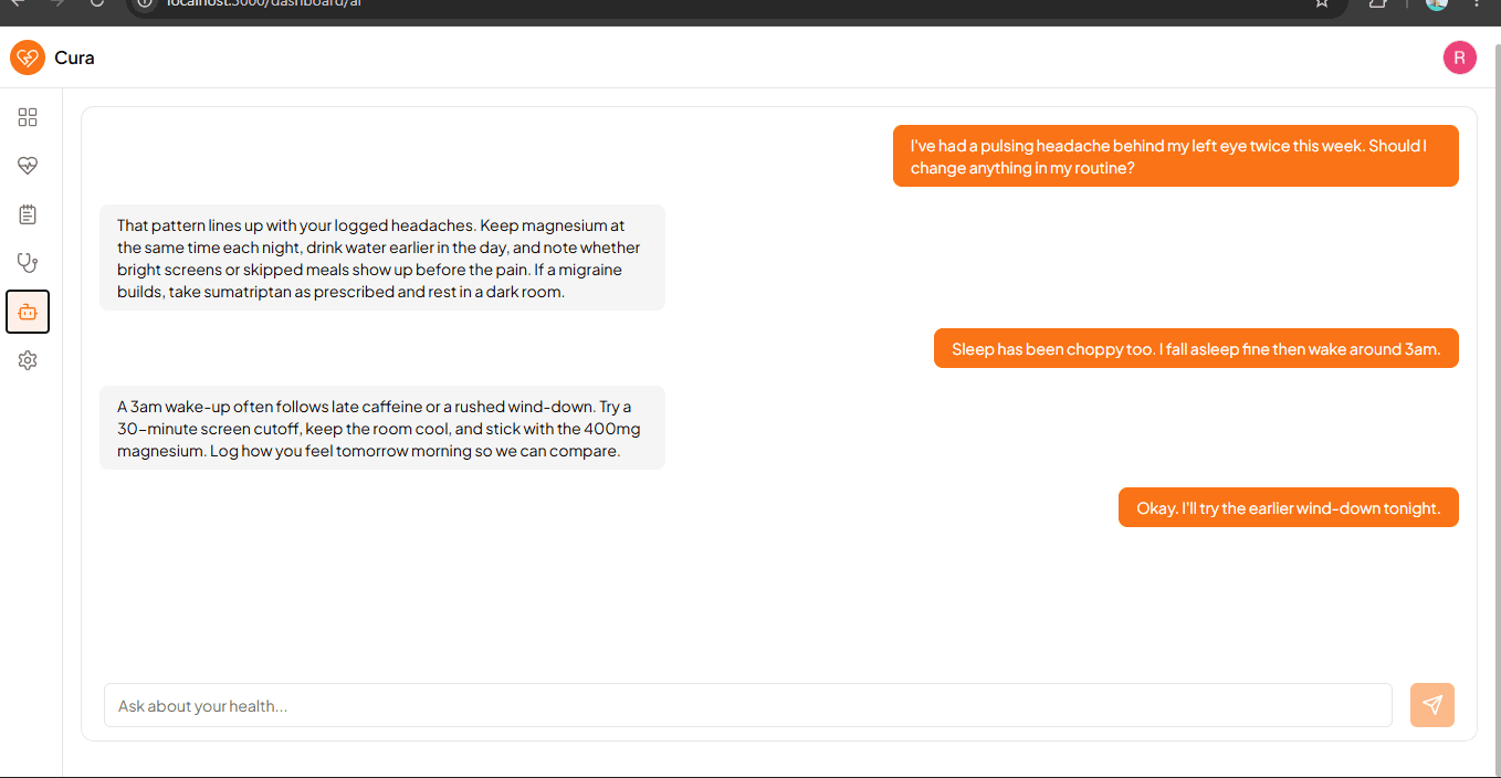 Cura virtual assistant discussing headache and sleep with a patient