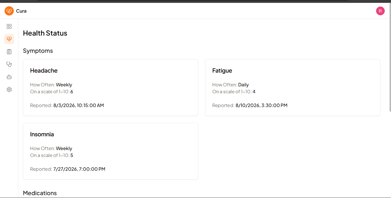 Cura health status with logged symptoms and intensity scores