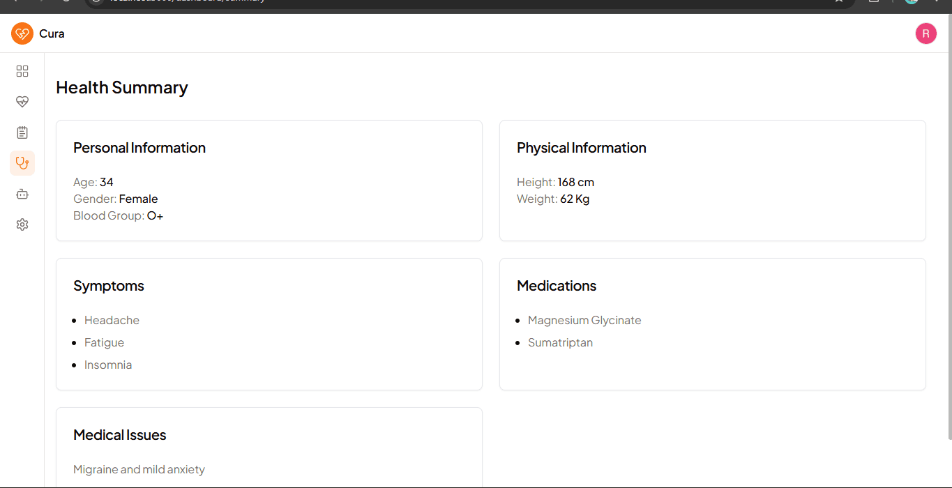 Cura health summary with vitals, symptoms, medications, and medical issues