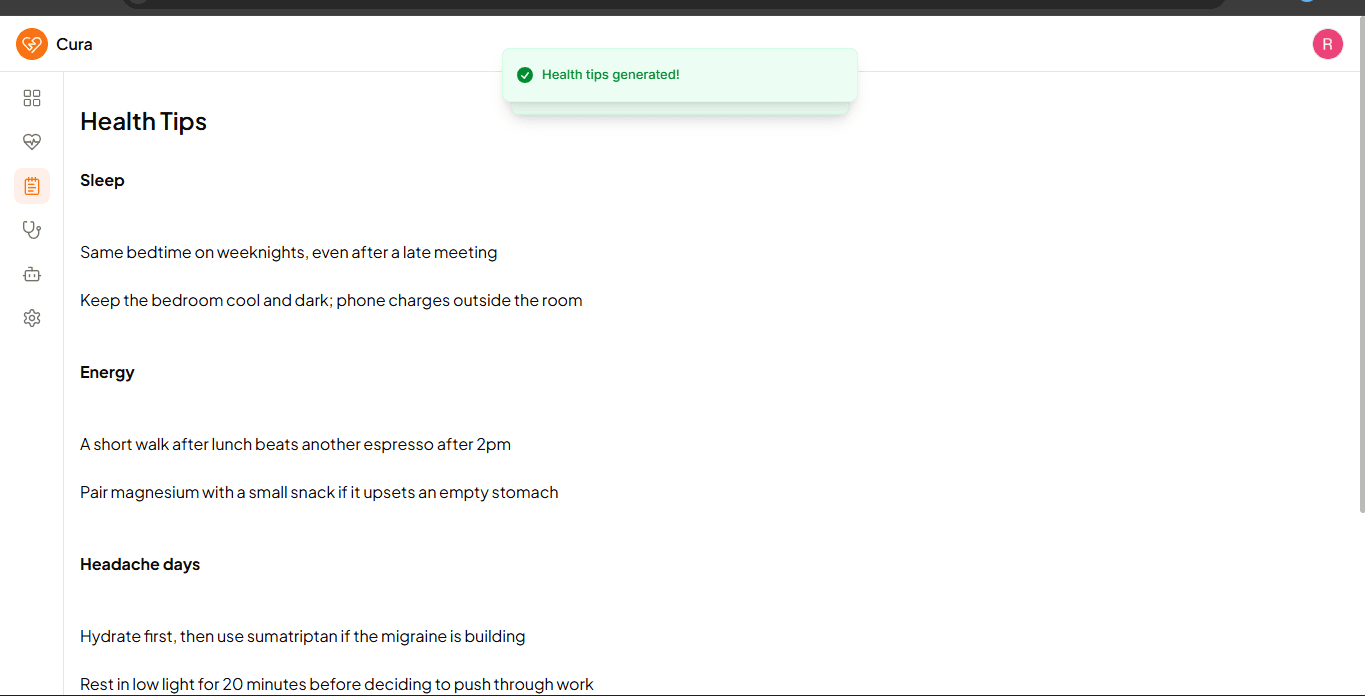 Cura AI-generated health tips for sleep, energy, and headache days