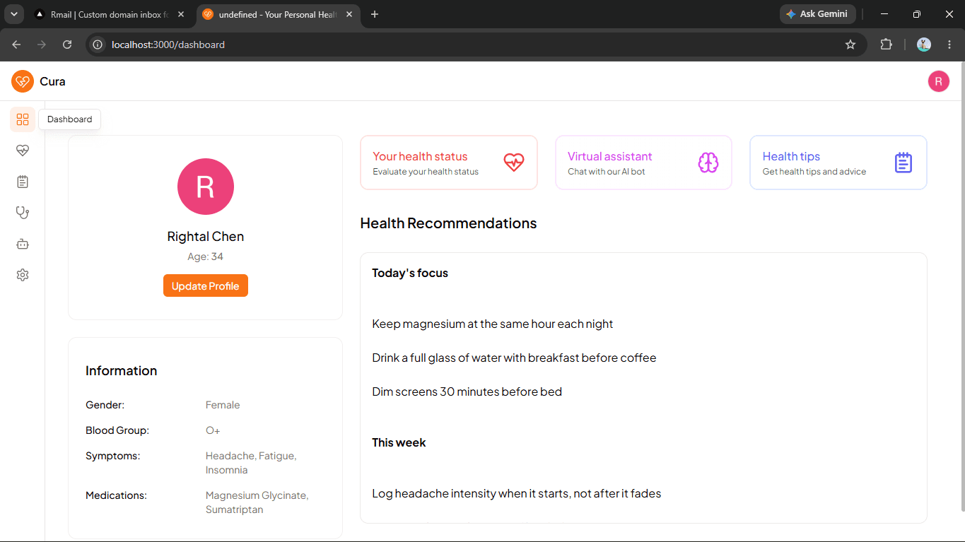 Cura patient overview with profile, symptoms, medications, and daily recommendations